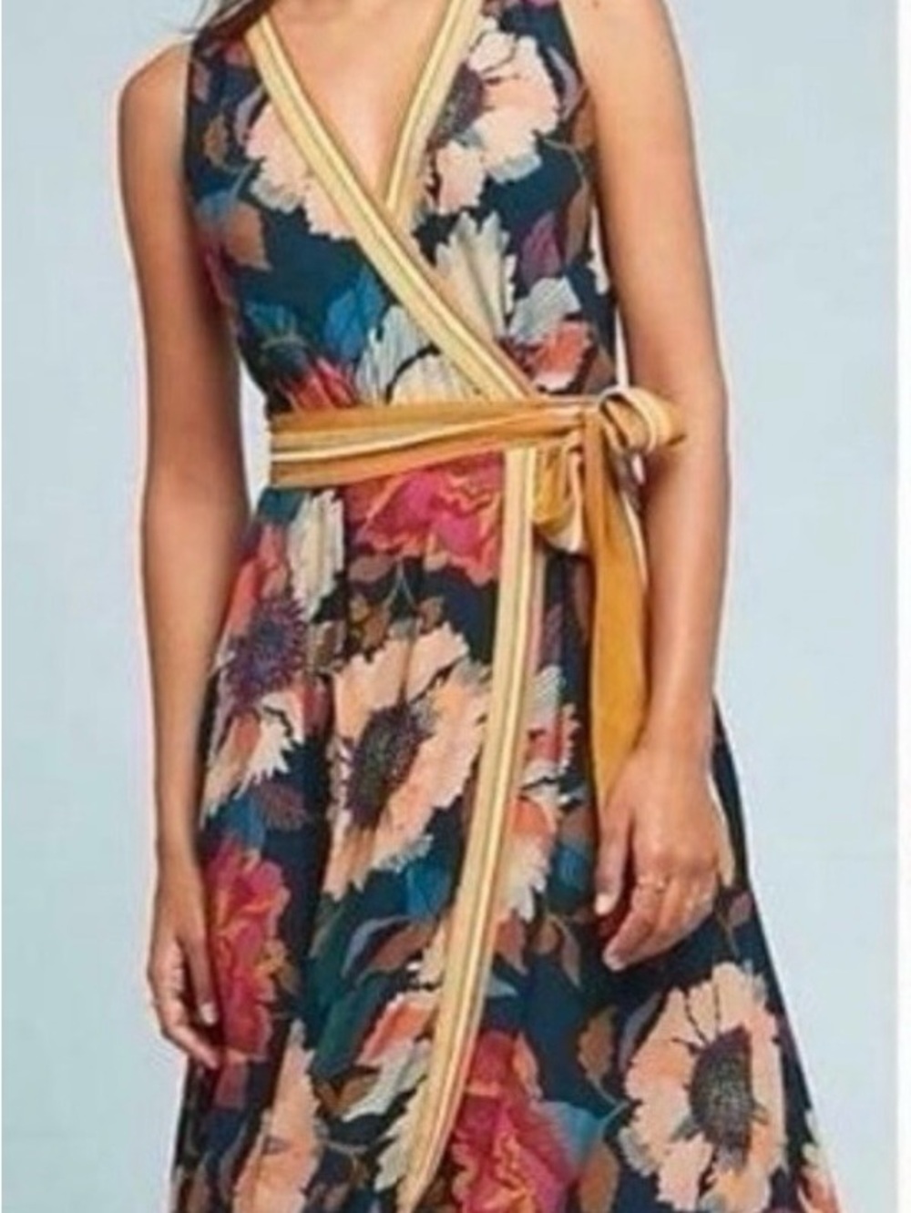 Maeve for AnthropologieBlack Floral Wrap Dress with Goldenrod Trim
